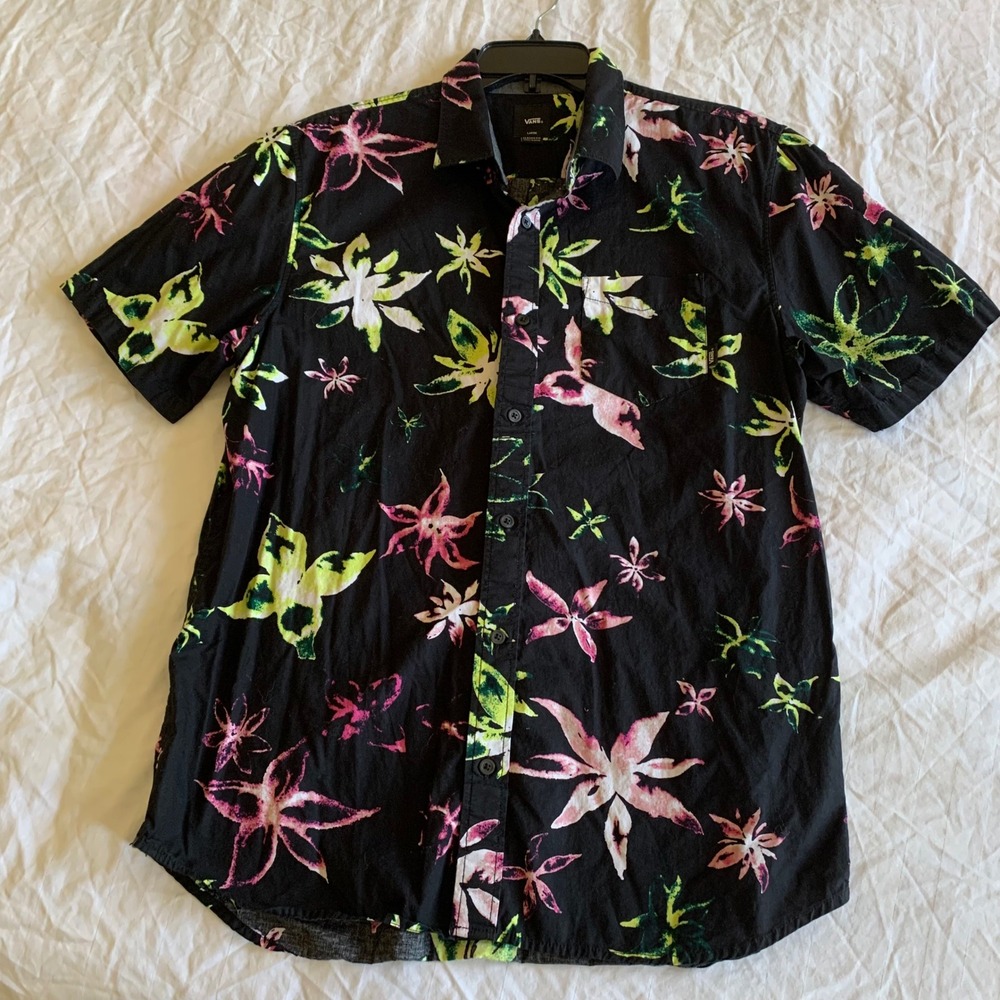 Vans Large Button Down Shirt Black Neon Floral Lily VN0A455LBLK Short Sleeve - Picture 2 of 8